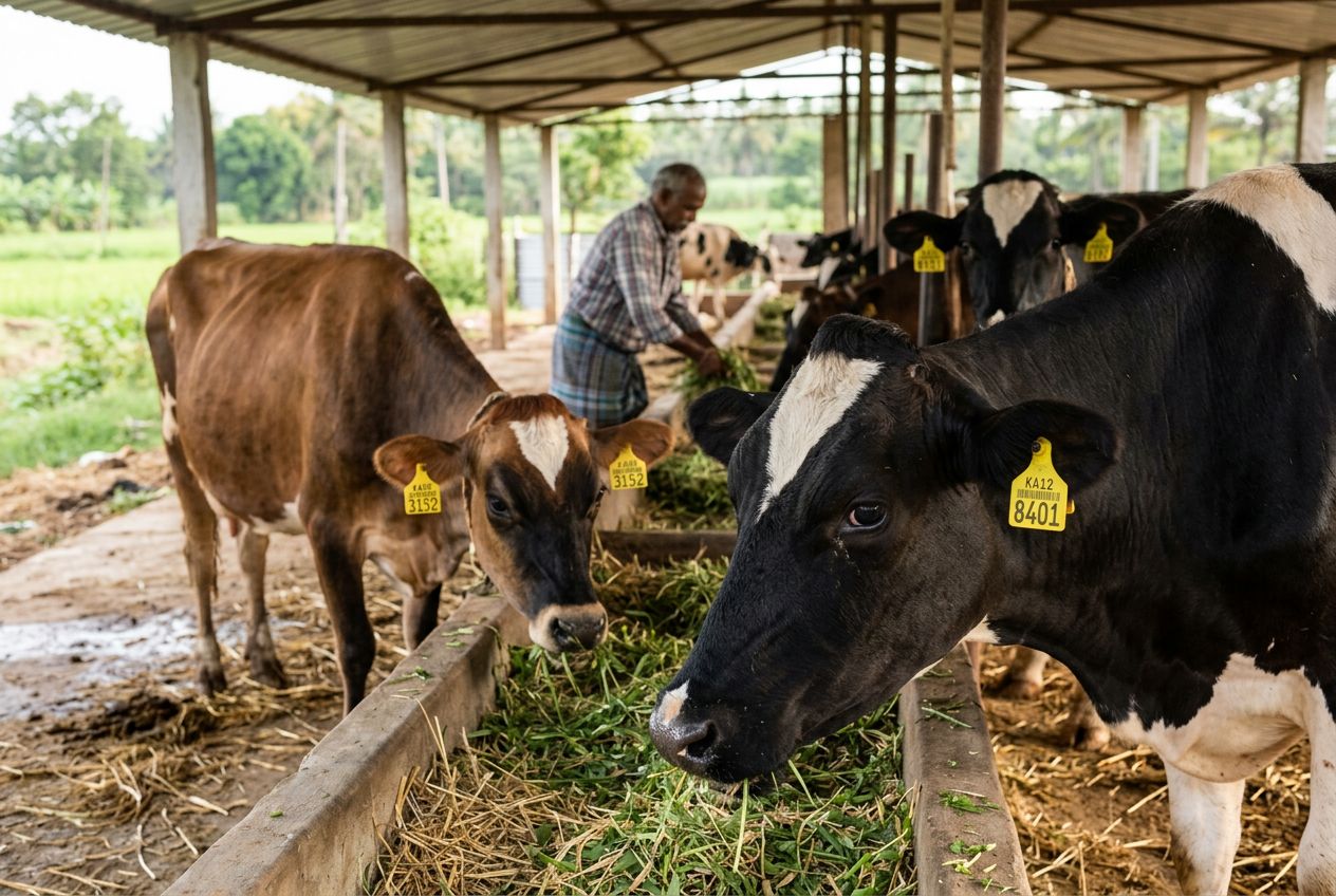 Dairy cows in a shed, each with a numbered yellow ear tag