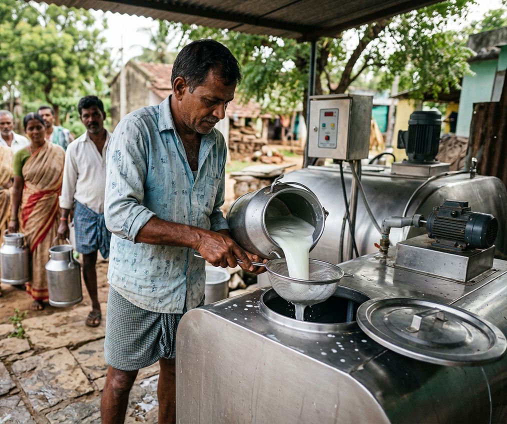 A farmer pouring milk from a steel can into a bulk milk cooler at a village collection centre