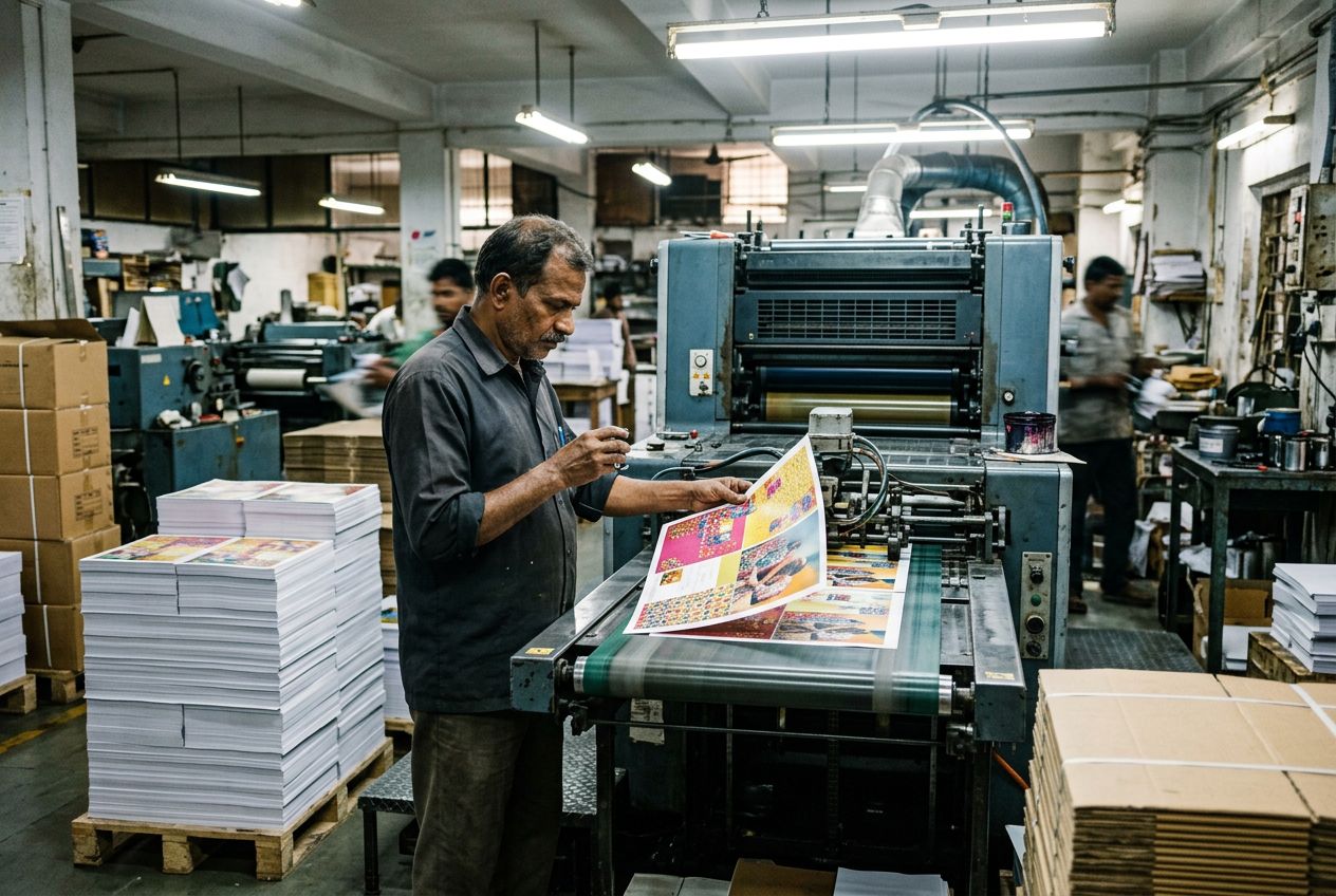 Press operator checking printed sheets at an offset press