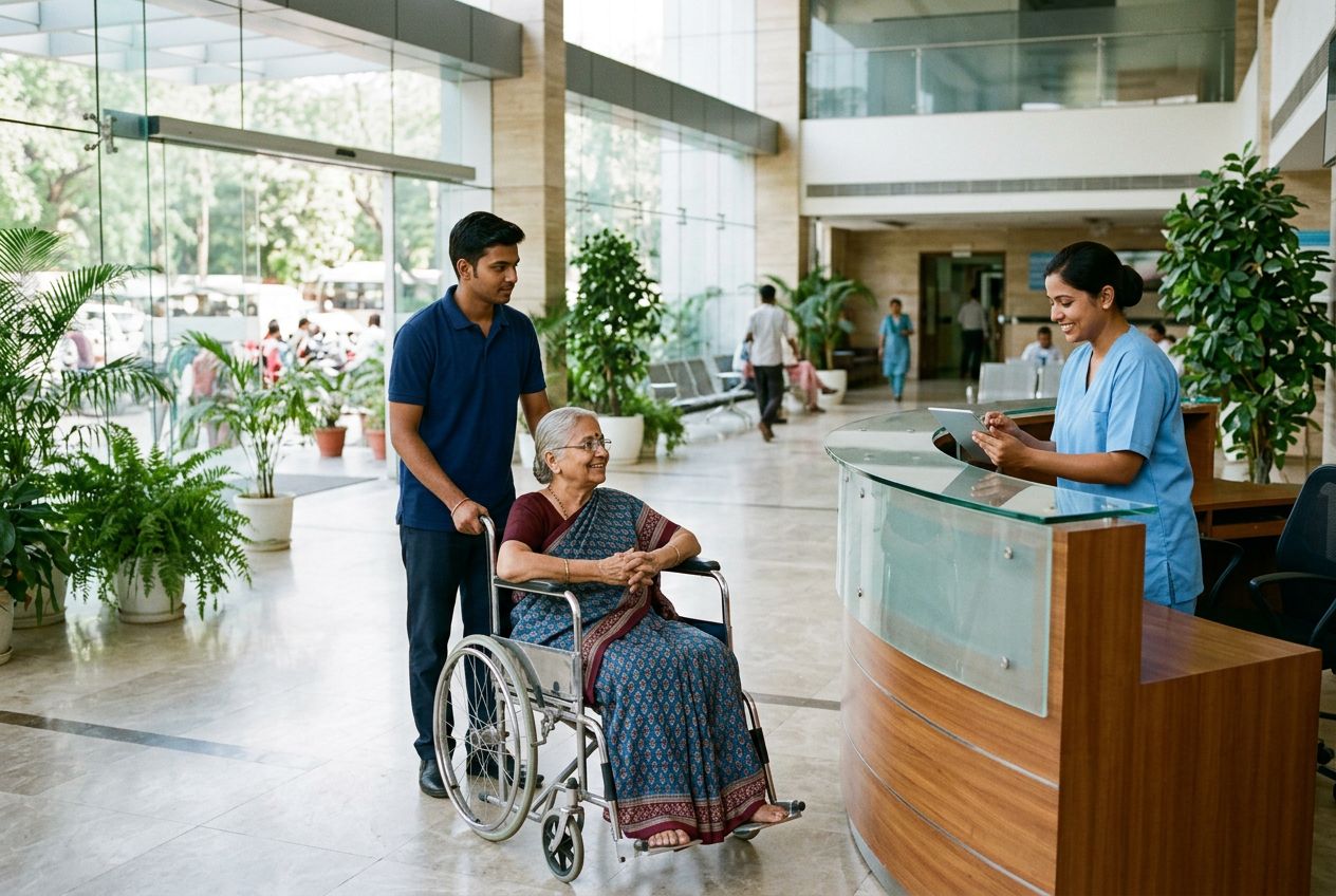 A care assistant wheeling an elderly woman to the hospital front desk