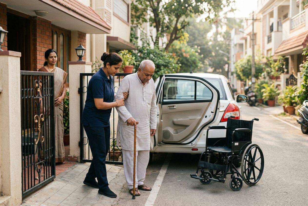 A care assistant helping an elderly man to a car outside his home
